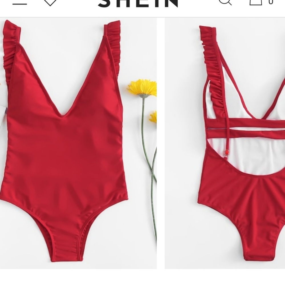 Frill Strap Low Back Plunging One Piece Swimsuit